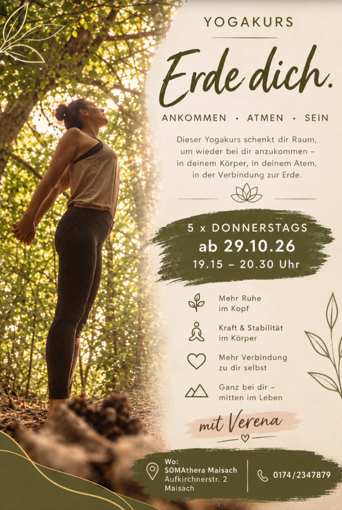 Somathera – Yogakurs „Erde dich.“ mit Verena: 5× donnerstags ab 29.10.2026, 19:15–20:30 Uhr