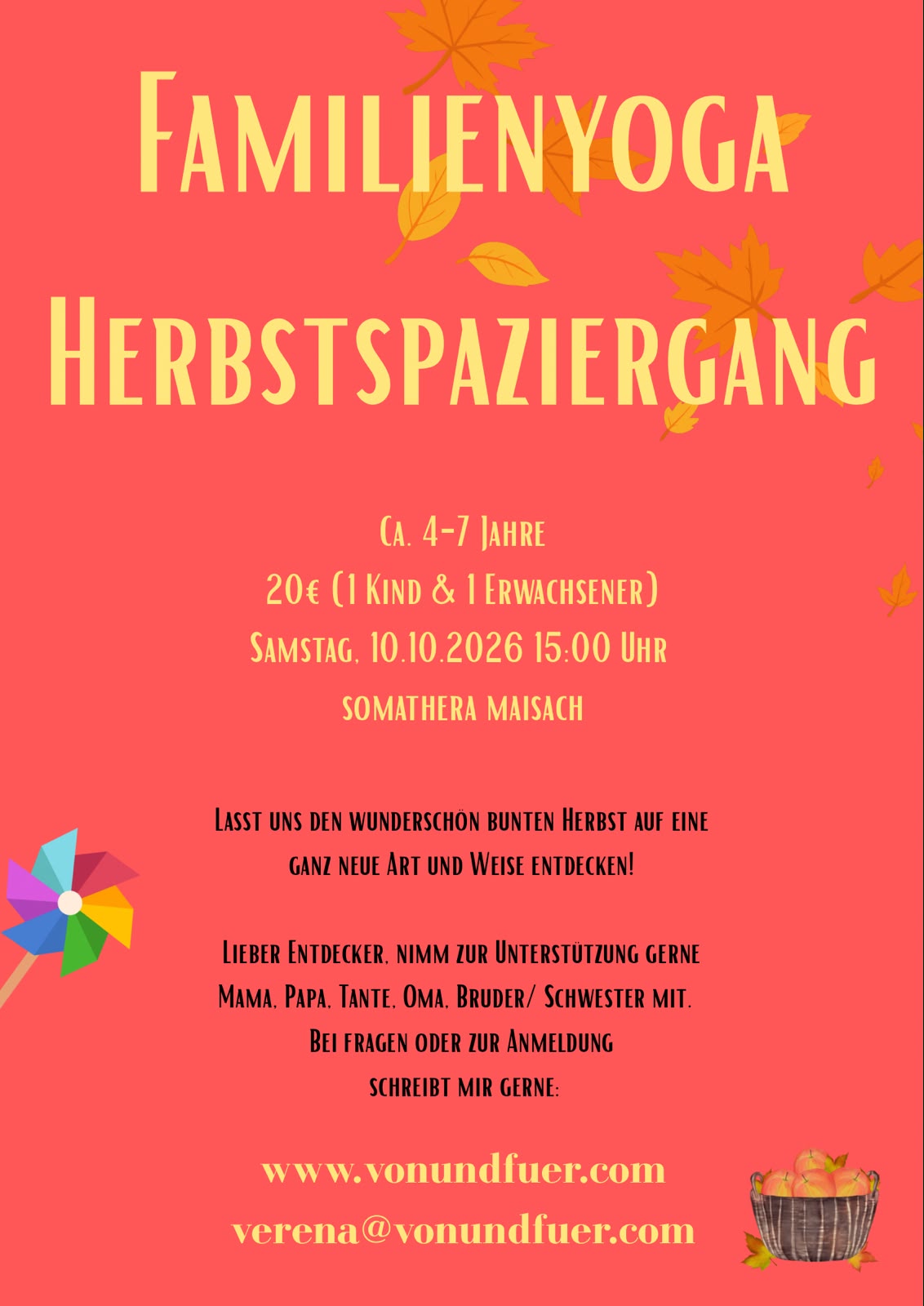 Somathera – Familienyoga Herbstspaziergang Flyer (Verena Kraft, vonundfuer): Samstag 10.10.2026, 15:00 Uhr, ca. 4–7 Jahre, 20 Euro für 1 Kind und 1 Erwachsenen