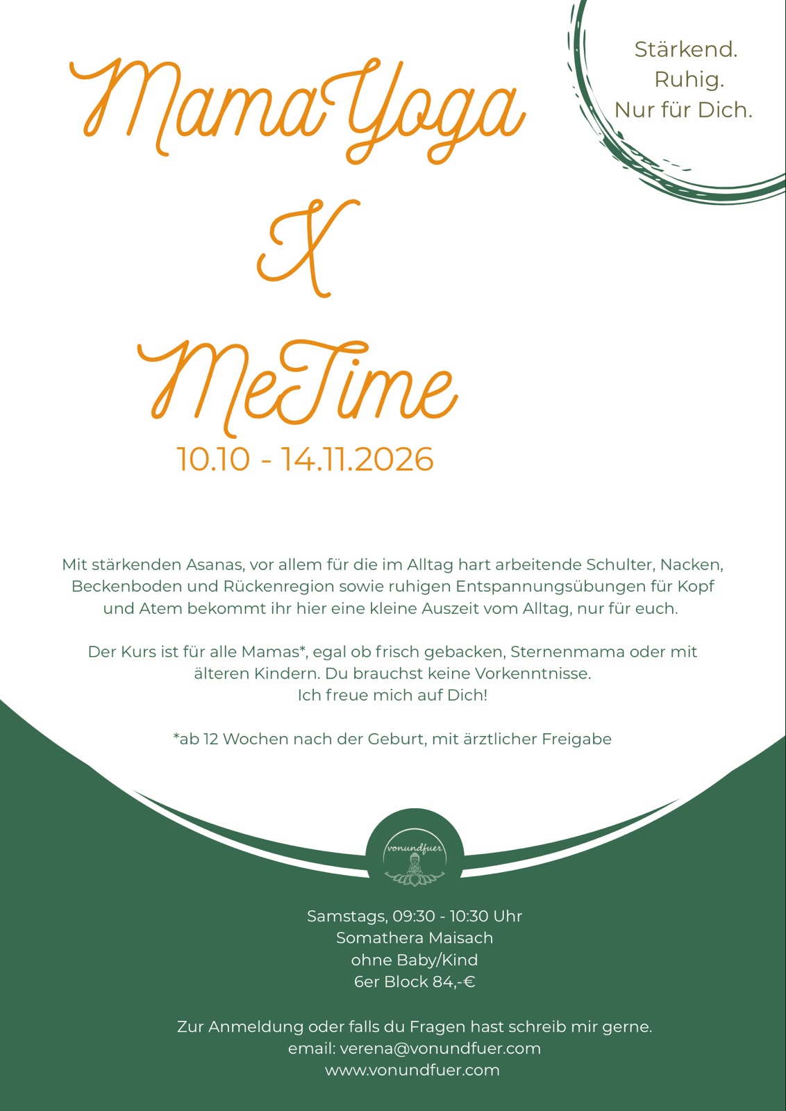 Somathera – Mama Yoga x MeTime Flyer (Verena Kraft, vonundfuer): samstags 09:30–10:30 Uhr, 10.10.–14.11.2026, 6er Block 84 Euro