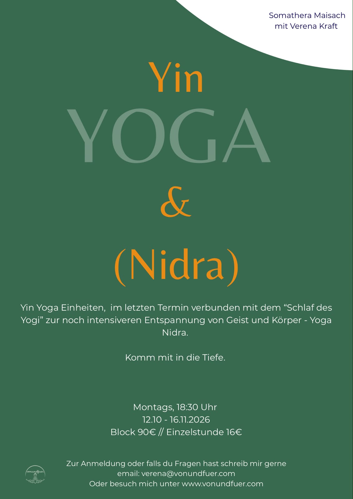 Somathera – Yin Yoga und Nidra Flyer (Verena Kraft, vonundfuer): montags 18:30 Uhr, 12.10.–16.11.2026, Block 90 Euro, Einzelstunde 16 Euro